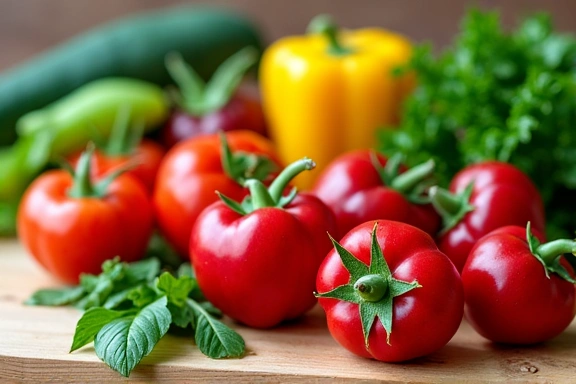 Vari tipi di frutta e verdura su un tagliere