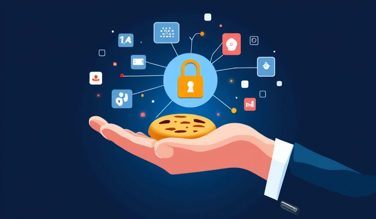 Una mano che tiene un biscotto digitale con icone di privacy e dati sullo sfondo